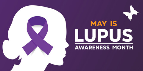 May is Lupus Awareness Month. Women and ribbon. Great for cards, banners, posters, social media and more. Purple background.