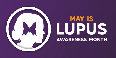 May is Lupus Awareness Month.  Women and butterfly. Great for cards, banners, posters, social media and more. Purple background.