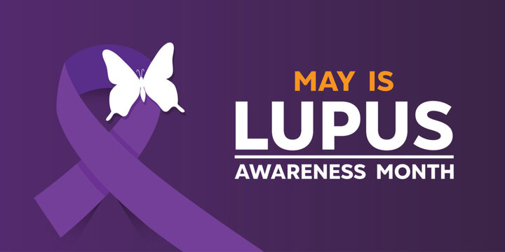 May is Lupus Awareness Month.  Butterfly and ribbon. Great for cards, banners, posters, social media and more. Purple background.