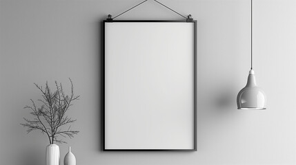 blank frame on wall, Blank A4 hanging poster mockup on light grey background, White vertical frame on white wall. 3d illustration. frame with blank poster mockup on wooden table with green plant