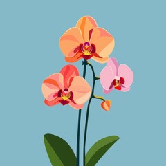 Fototapeta na wymiar A painting featuring three vibrant pink and orange orchids in full bloom, beautifully arranged against a soft background