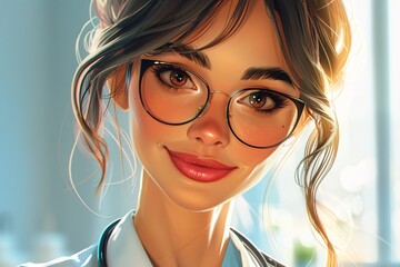 a woman with glasses and ponytails - obrazy, fototapety, plakaty