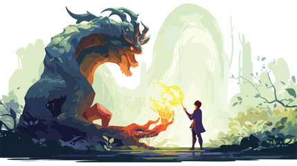Young wizard with magic staff and giant creature look - obrazy, fototapety, plakaty