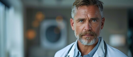Doctor with supportive body language, empathetic eye contact, frontal angle, reassuring environment.stock photographic style - obrazy, fototapety, plakaty