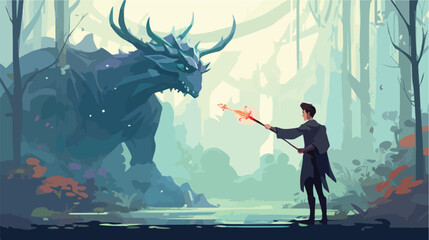 Young wizard with magic staff and giant creature look - obrazy, fototapety, plakaty