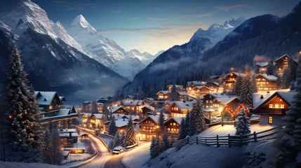 Gordijnen A quaint alpine village dusted with snow © Little