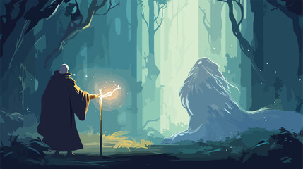 Young wizard with magic staff and giant creature look