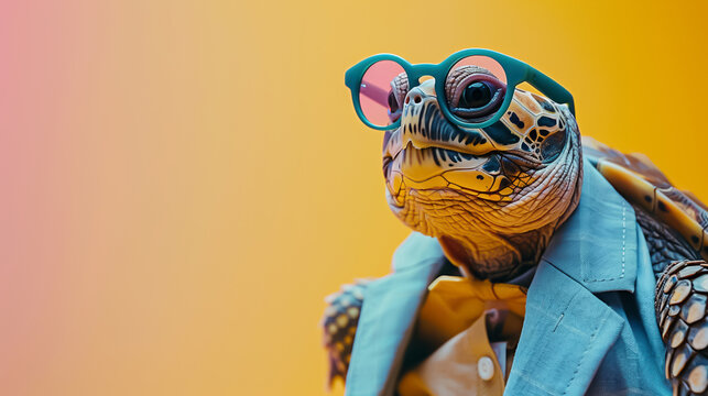 Elegant turtle in a suit and glasses, wide angle, pastel-colored background, light-hearted, stylish, 8K