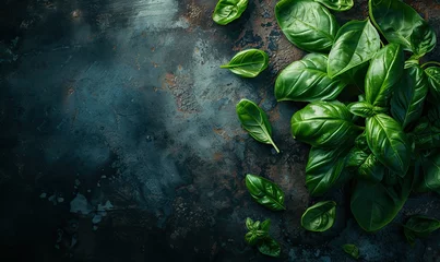 Foto op Plexiglas Basil on dark background. Mediterranean ingredient banner. Cooking and organic spinach vegetable salad on kitchen mockup. AI Generated. Green herb copy space template © Taras