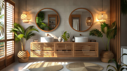 Elegant bathroom with dual vanity sinks, round mirrors, subtle pendant lights, and a touch of greenery for warmth
