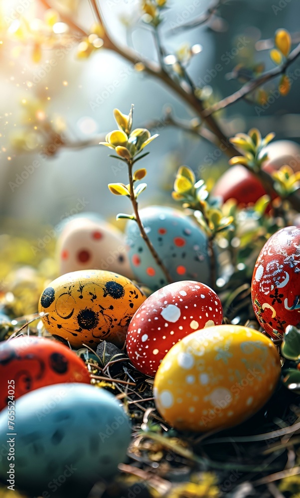 Poster colorful easter eggs with various patterns scattered on the ground, surrounded by greenery and soft 