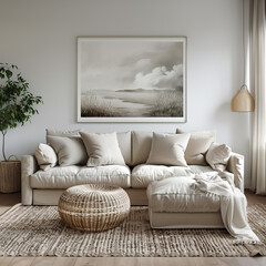 Modern minimalist living room with beige sofa, textured throw pillows, large white framed artwork, and a touch of greenery