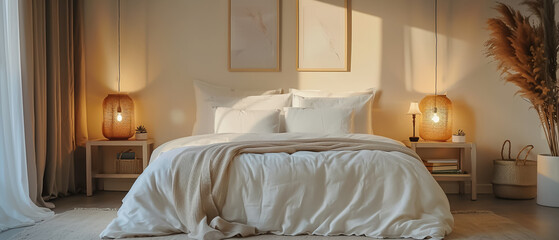 Cozy and chic bedroom with soft lighting, plush neutral bedding, wall-mounted bedside lamps, and simple, elegant decor