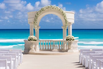 Obraz na płótnie Canvas Elegant flower-decorated coastal ceremony podium with columns for beach weddings and celebrations