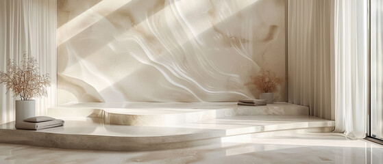 Minimal podium with flowing wave design, smooth marble texture, natural light, pure and tranquil vibe,pastel tones