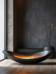 Curved wave podium, minimalist black, stark contrast lighting, simple yet powerful design statement,high detailed