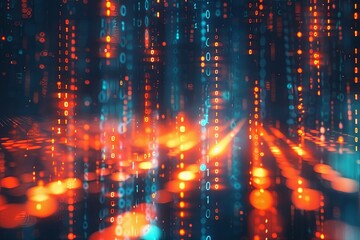 Fototapeta premium Digital background featuring glowing binary code, orange and blue lights. Abstract digital art with numbers in the foreground