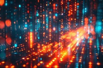 Obraz premium Digital background featuring glowing binary code, orange and blue lights. Abstract digital art with numbers in the foreground
