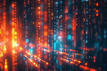 Digital background featuring glowing binary code, orange and blue lights. Abstract digital art with numbers in the foreground