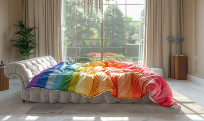 Rainbow HBTQ bed in a cozy bedroom interior