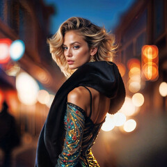 High class blonde fashion model in a designer skirt. blurry night city background. generative ai