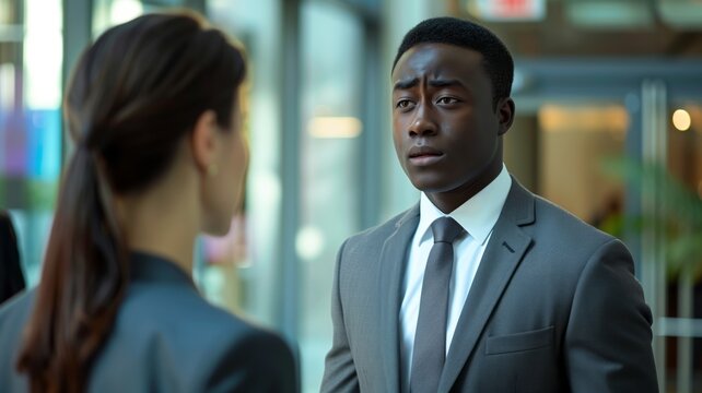 Business meeting between diverse businessmen in suits, one African American and one Caucasian woman. Concept of inclusivity, collaboration, and diversity in modern business environments
