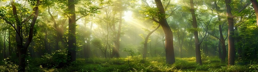 panoramic view of a beautiful green forest with tall trees and sunlight shining through the leaves, Forest panorama with sun rays