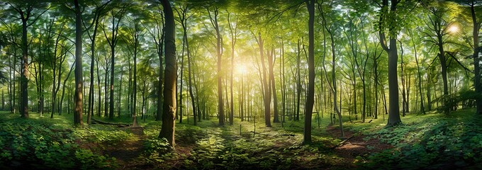 Fototapeta na wymiar panoramic view of a beautiful green forest with tall trees and sunlight shining through the leaves, Forest panorama with sun rays