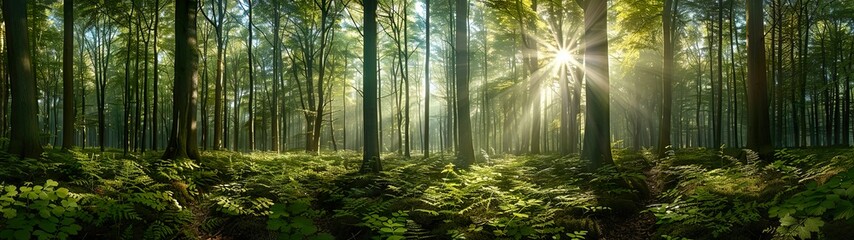 panoramic view of a beautiful green forest with tall trees and sunlight shining through the leaves, Forest panorama with sun rays - obrazy, fototapety, plakaty