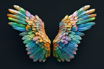 a colorful wings on a black background - obrazy, fototapety, plakaty