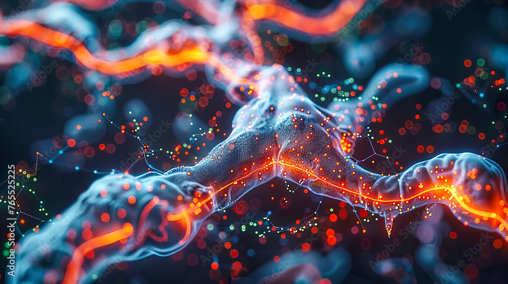 Poster abstract energy flow in blue and black, visualizing the dynamic movement and vibrant texture of futu