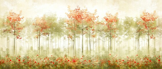  A painting of red-flowered trees against a green backdrop