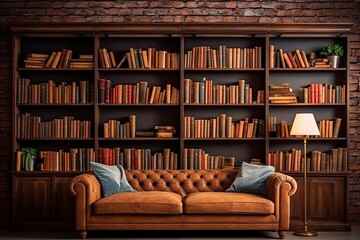 Bookshelves in the library. Large bookcase with lots of books. Sofa in the room for reading books. Library or shop with bookcases. Cozy book background. Bookish, bookstore, bookshop - generative ai