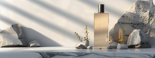 Transparent bottle of essence perfume on a minimalistic background with stone and brutal textures. Trending concept of women's and men's essence for branding mockup. Minimal style perfumery template - obrazy, fototapety, plakaty