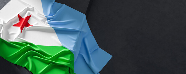 Flag of Djibouti. Fabric textured Djibouti flag isolated on dark background. 3D illustration - 765525435