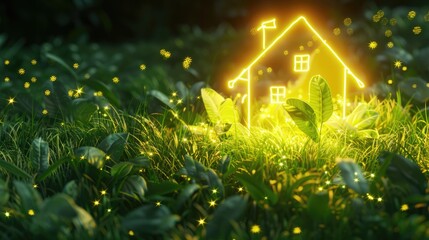 Green Energy Concept: Eco-Friendly House Icon Glowing Among Fresh Leaves - AI generated