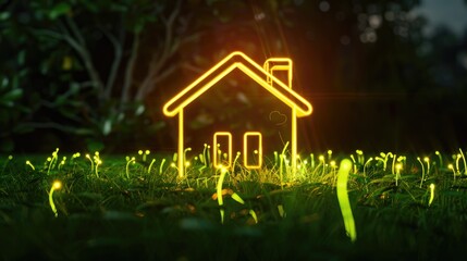 Green Energy Concept: Eco-Friendly House Icon Glowing Among Fresh Leaves - AI generated
