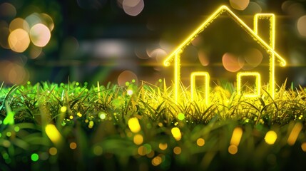Naklejka premium Green Energy Concept: Eco-Friendly House Icon Glowing Among Fresh Leaves - AI generated