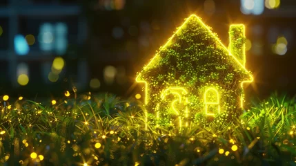 Fotobehang Green Energy Concept: Eco-Friendly House Icon Glowing Among Fresh Leaves - AI generated © qntn
