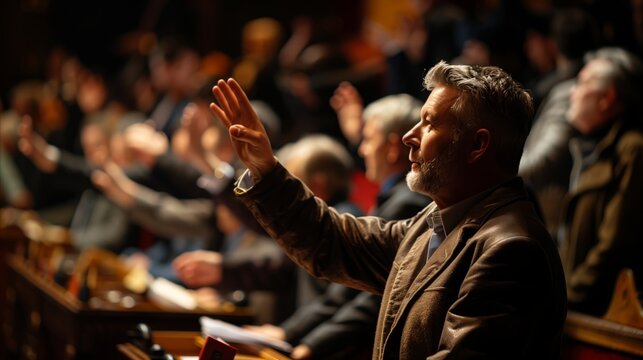 Man confidently bidding at a crowded auction event