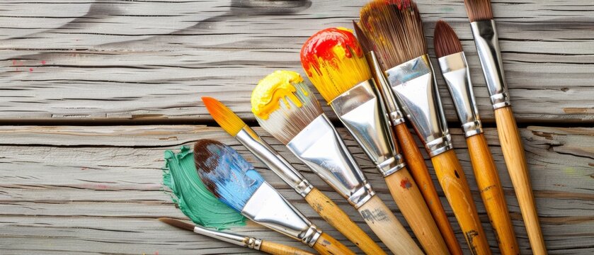  A set of brushes rests atop a wooden table alongside a painted paper