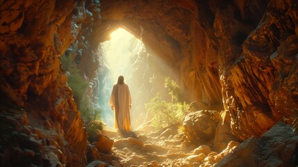 Person in robe standing at cave entrance bathed in sunlight - obrazy, fototapety, plakaty