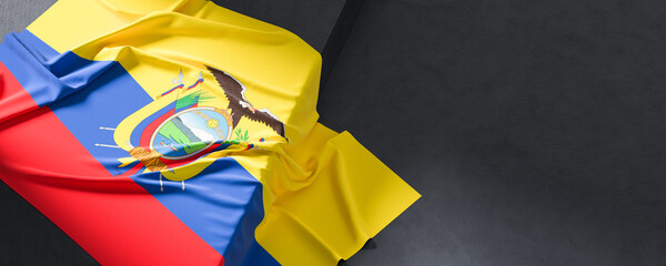 Flag of Ecuador. Fabric textured Ecuador flag isolated on dark background. 3D illustration - 765526003