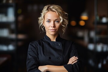 Confident female chef standing with crossed arms in stylish modern kitchen interior