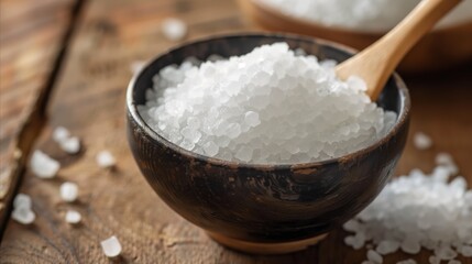 Close-up of sea salt in a wooden bowl on a rustic table