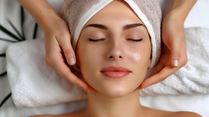 Fototapeta na wymiar Young woman enjoying a relaxing facial treatment at spa