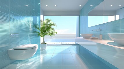 Modern white bathroom with blue tile floors and sunlight