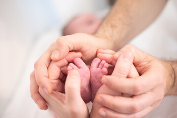 Small feet of newborn baby in parents hands. Copy space. White background. Mom and dad Love and care baby.