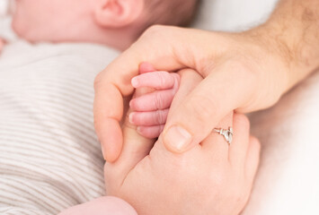 small hands of newborn baby in parents hands. Copy space. White background. Mom and dad Love and care baby.
