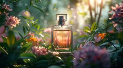 Elegant perfume bottle surrounded by vibrant flowers